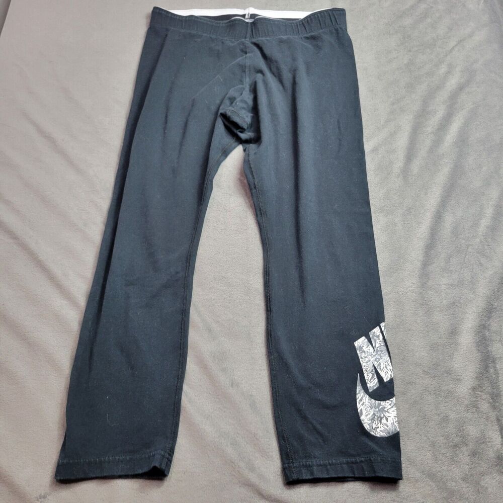 Nike Pants Women Medium Black Flat Front Comfort Stretch Running Spellout Swoosh